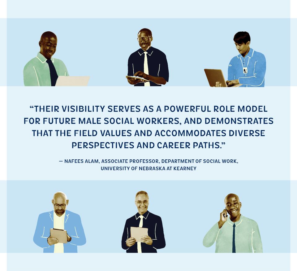 Two rows of images of 3 male persons in each row sandwiching the quote that reads Their visibility serves as a powerful role model for future male social workers and demonstrated that the field values and accommodates diverse perspectives and career pats by Nafees Alam Associate Professor  Department of Social Work University of Nebraska at Kearney